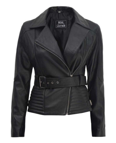 Black leather jacket with a belt on a white background