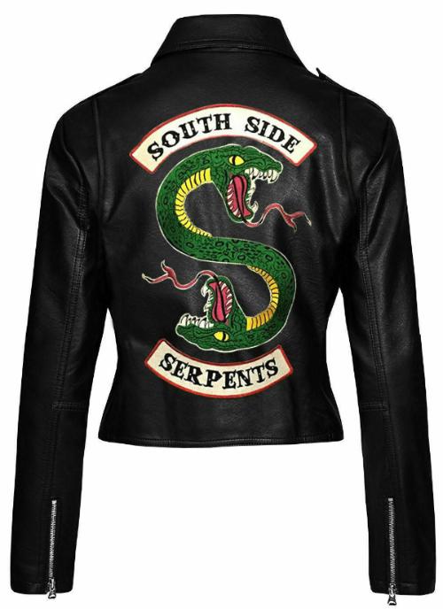 Black leather jacket with 'South Side Serpents' snake emblem on a white background