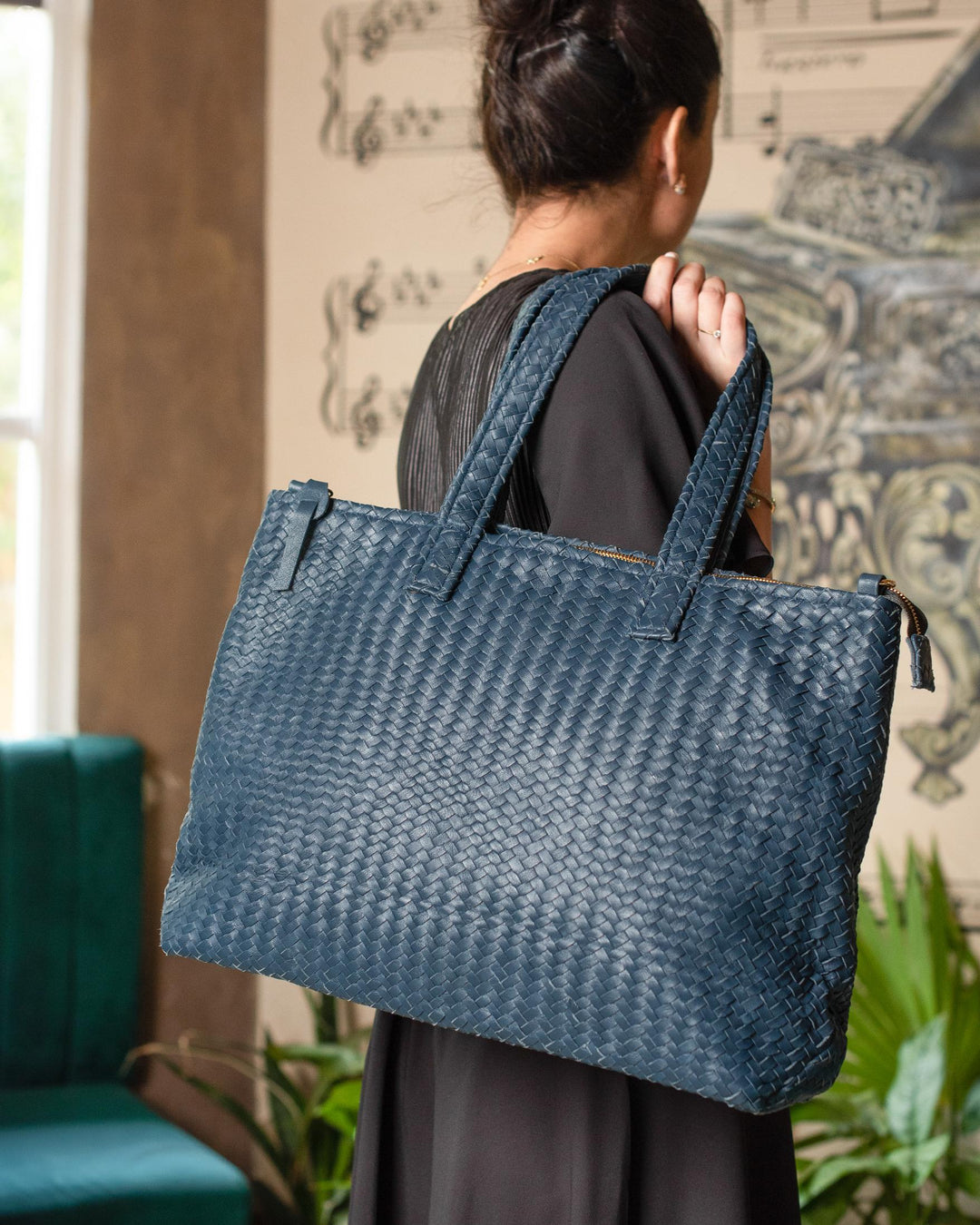 Handmade Woven Original Leather Bag With Zipper-Blue - Image 4