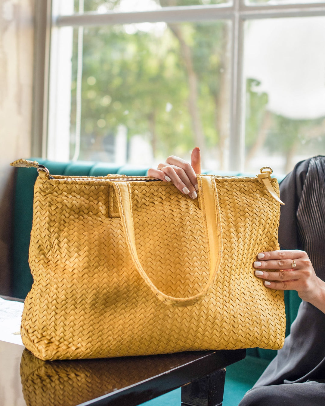 Handmade Woven Original Leather Bag With Zipper-Yellow - Image 3