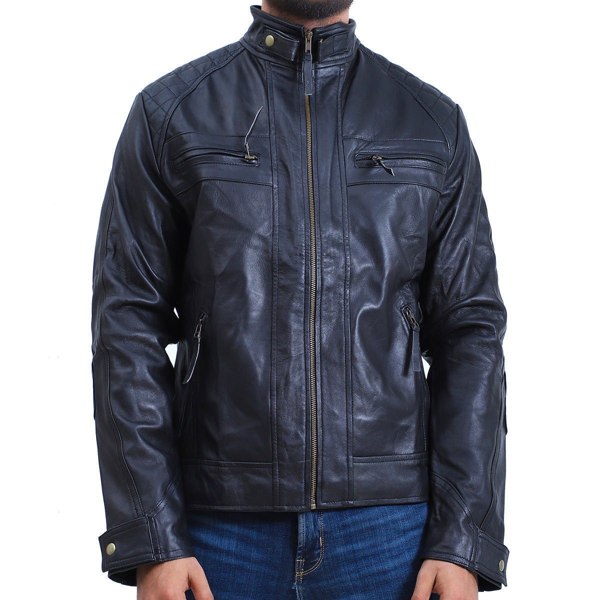 Men's Quilted Cafe Racer Biker Leather Jacket