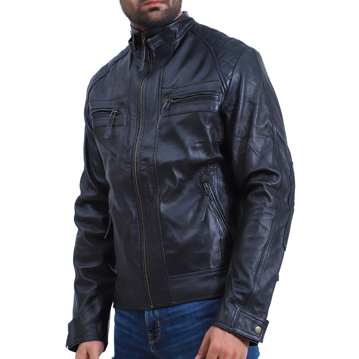 Men's Quilted Cafe Racer Biker Leather Jacket