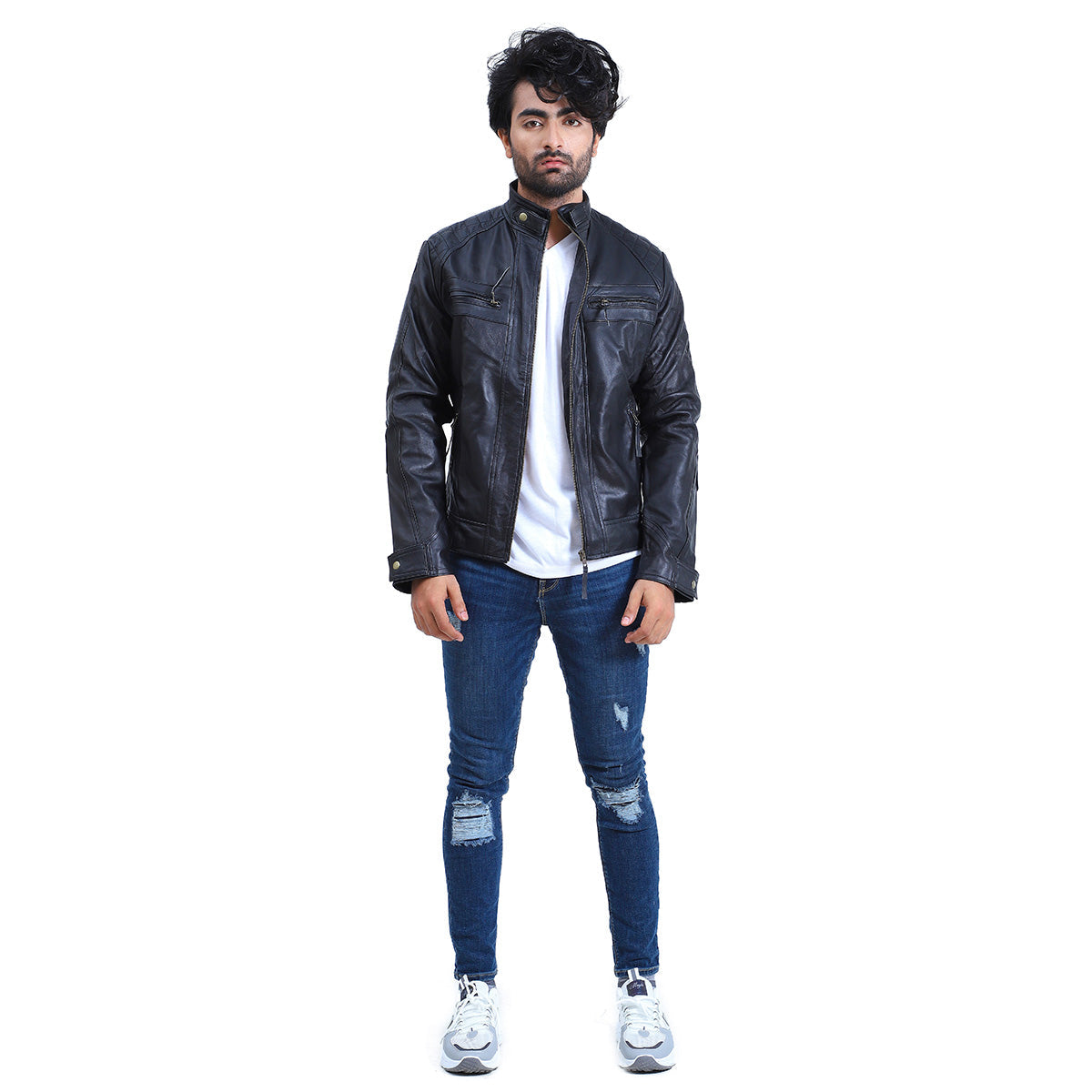 Men's Quilted Cafe Racer Biker Leather Jacket