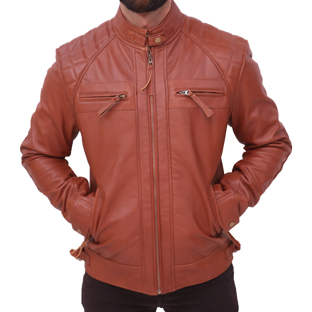 Quilted Men's Brown Vintage Moto Riding Leather Jacket