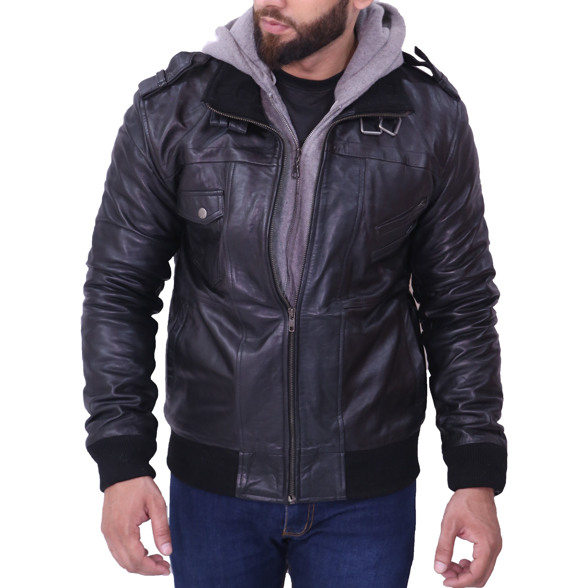 Men Grey Removable Hood Black Leather Jacket