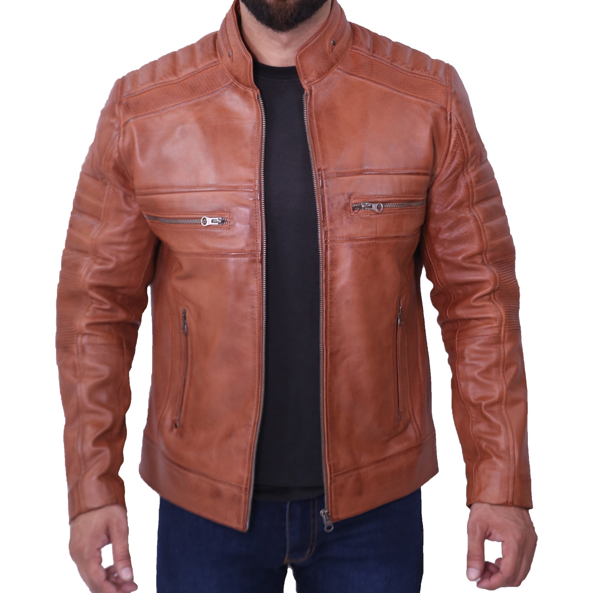 Mens Cafe Racer Brown Leather Jacket