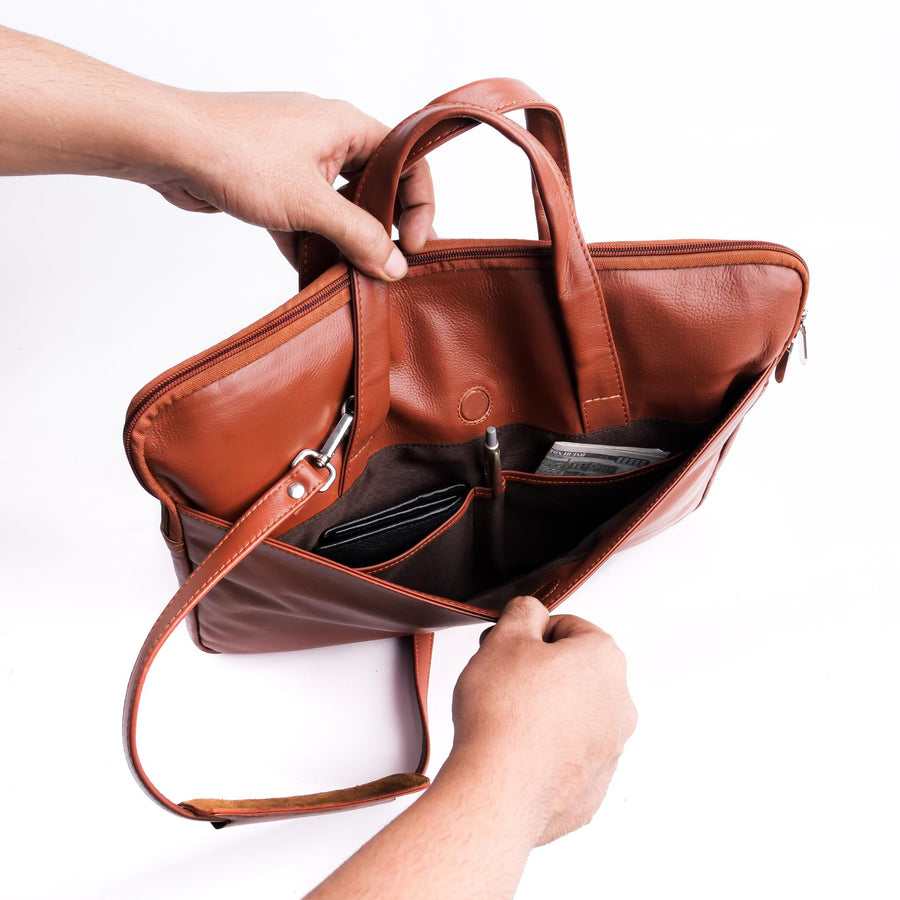 The Founder Ultra Slim Leather Laptop Bag-Tan Brown - Image 2