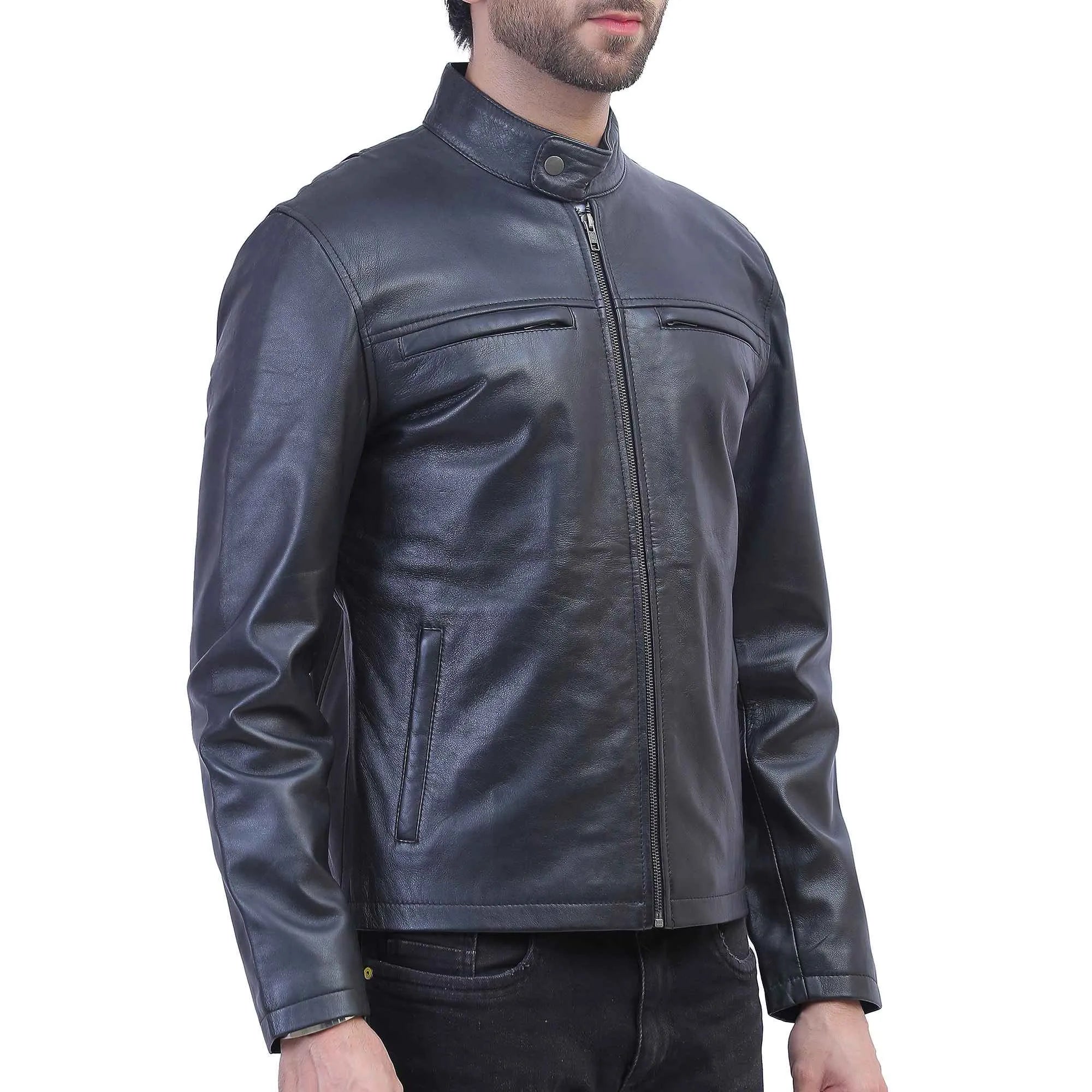Mens Cafe Racer Black Leather Jacket