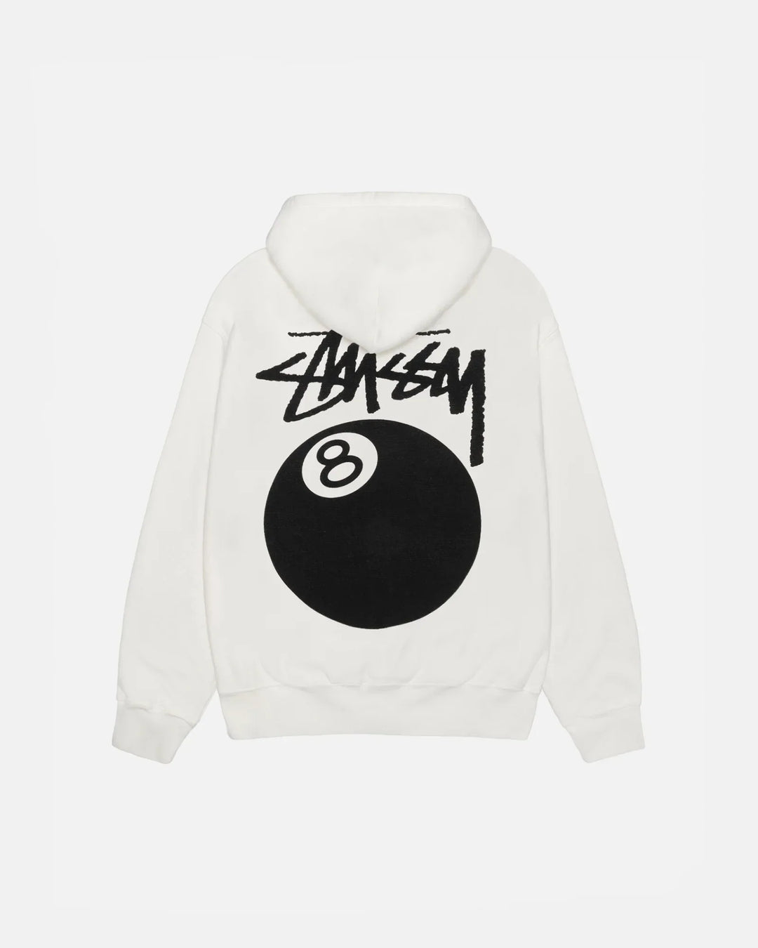 White hoodie with black '8 Ball' design on the back against a white background