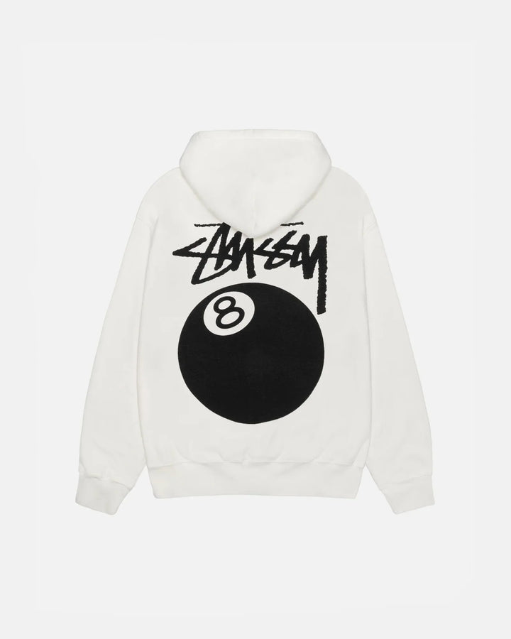 White hoodie with black '8 Ball' design on the back against a white background