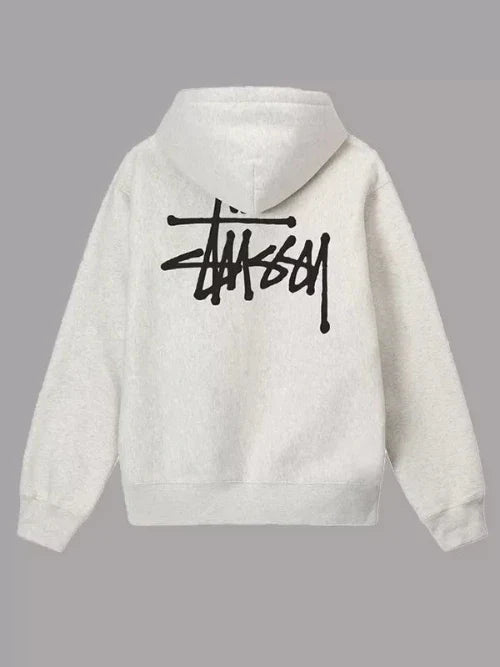 White hoodie with black logo on a gray background