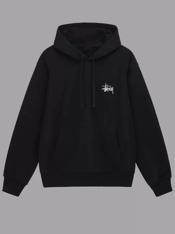 Black hoodie with a white logo on a gray background