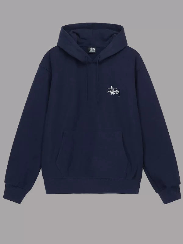 Navy blue hoodie with a white logo on a gray background