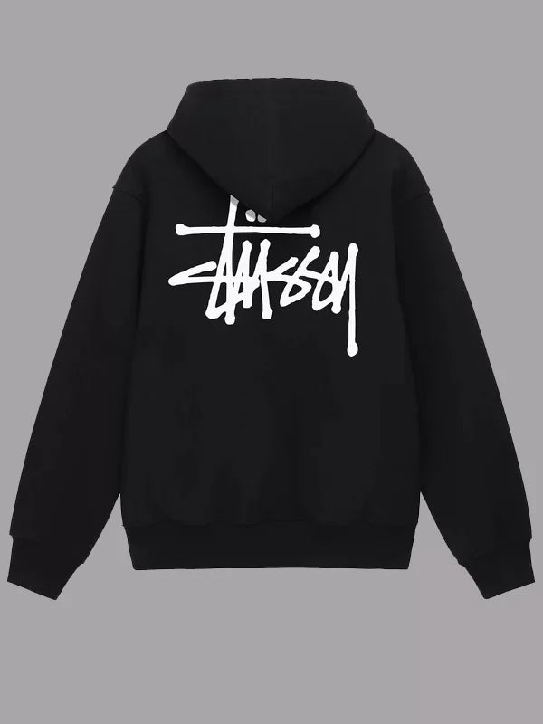 Black hoodie with white logo on the back against a gray background