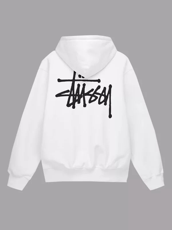 White hoodie with black logo on the back against a gray background