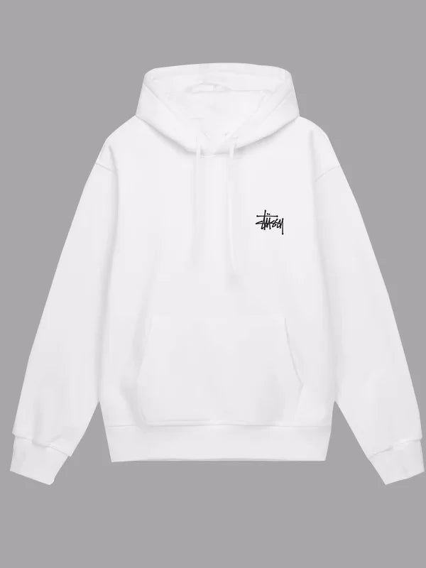 White hoodie with a black logo on the chest against a gray background