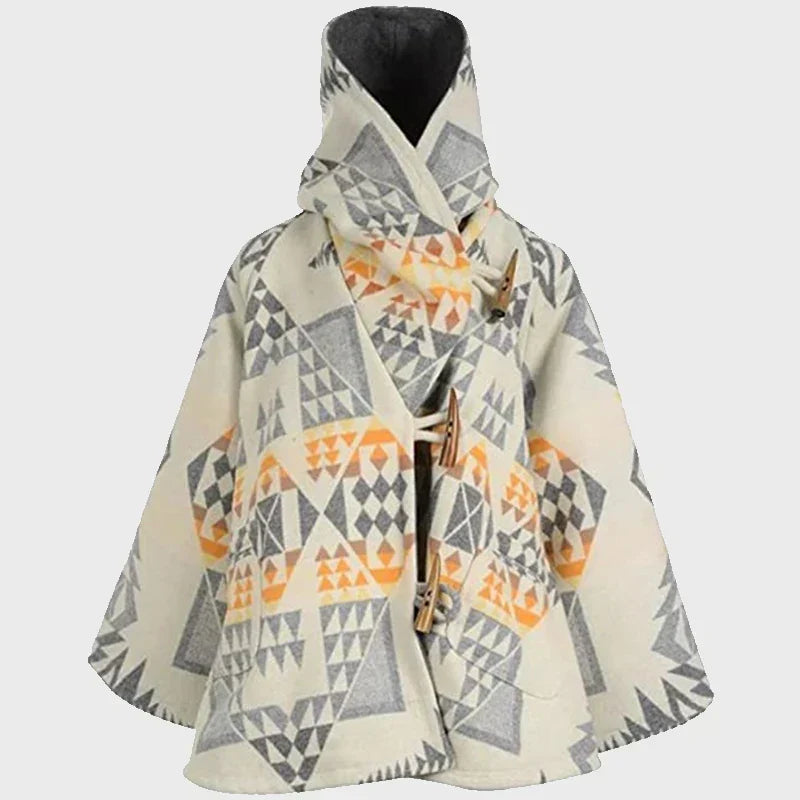 Yellowstone Beth Dutton White Poncho Coat with orange and gray design on a white background