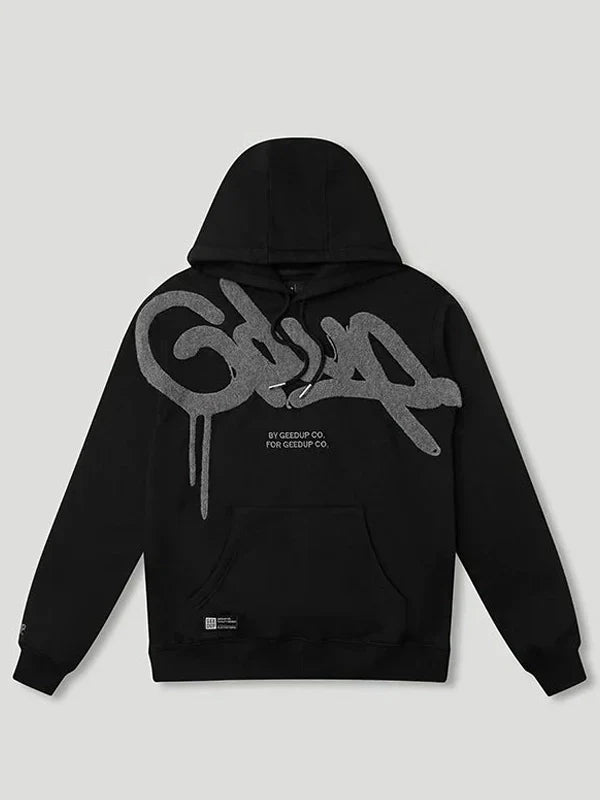 Black hoodie with gray logo on a light gray background