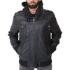 Black leather jacket worn by a person on a white background