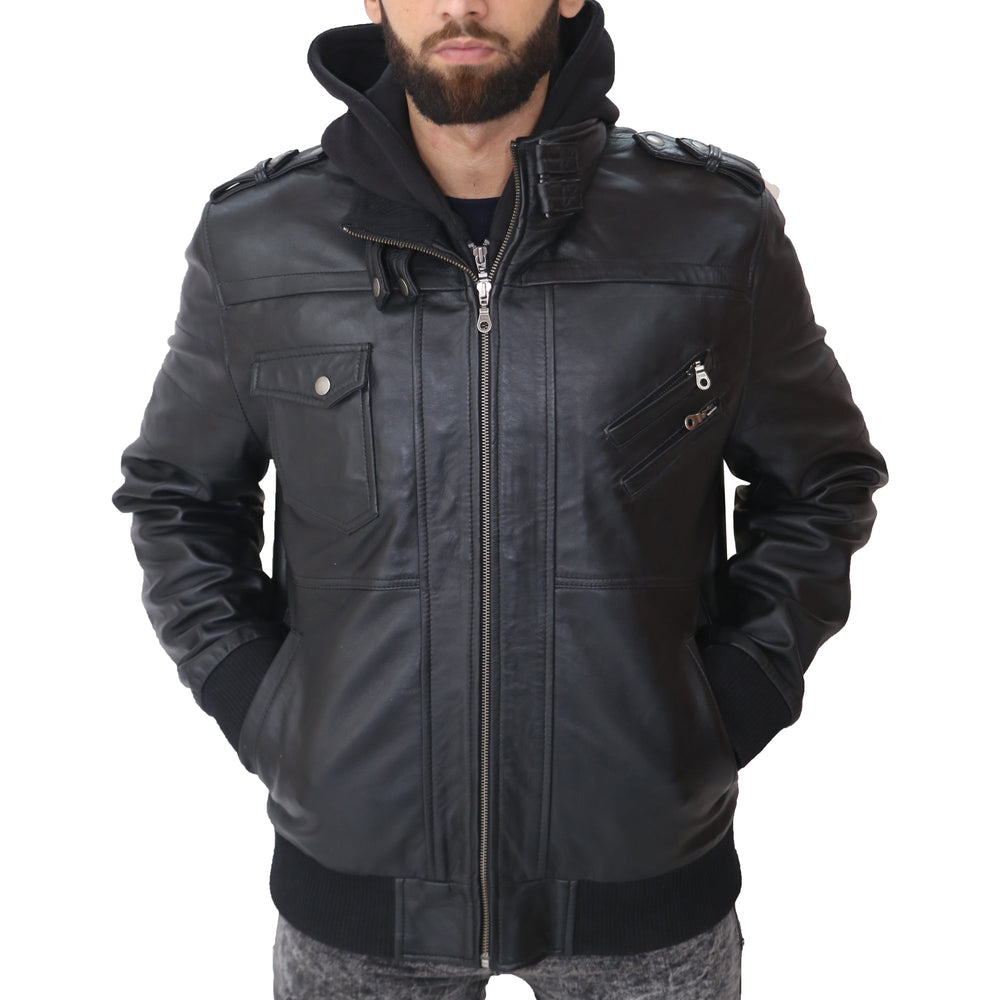 Black leather jacket worn by a person on a white background