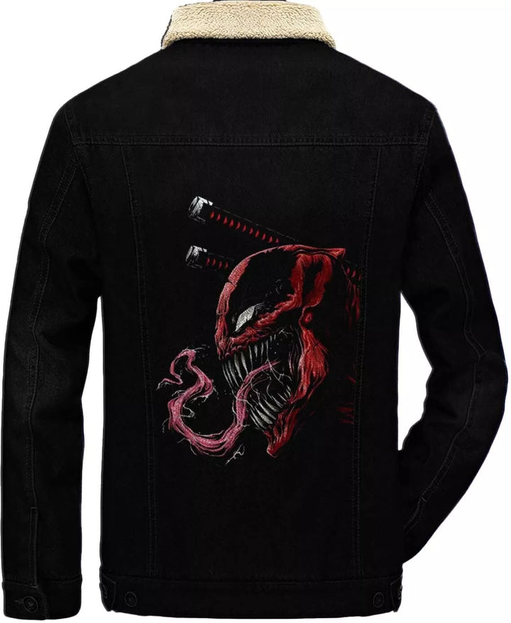 Black Deadpool x Venom Denim Jacket With Fur Back View