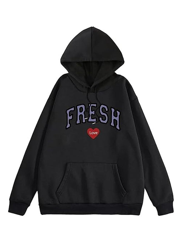 Black Fresh Love Hoodie with 'FRESH' and a heart design on a white background