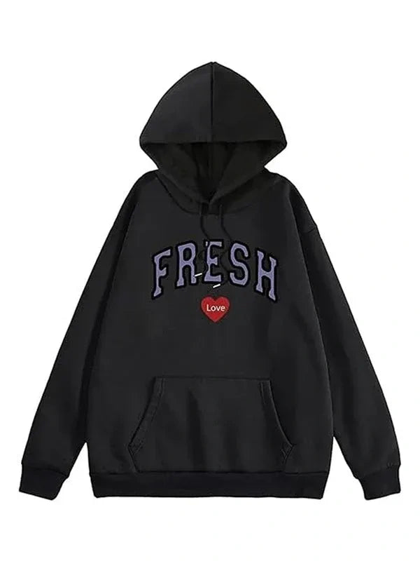 Black hoodie with 'FRESH' text and a red heart on a white background