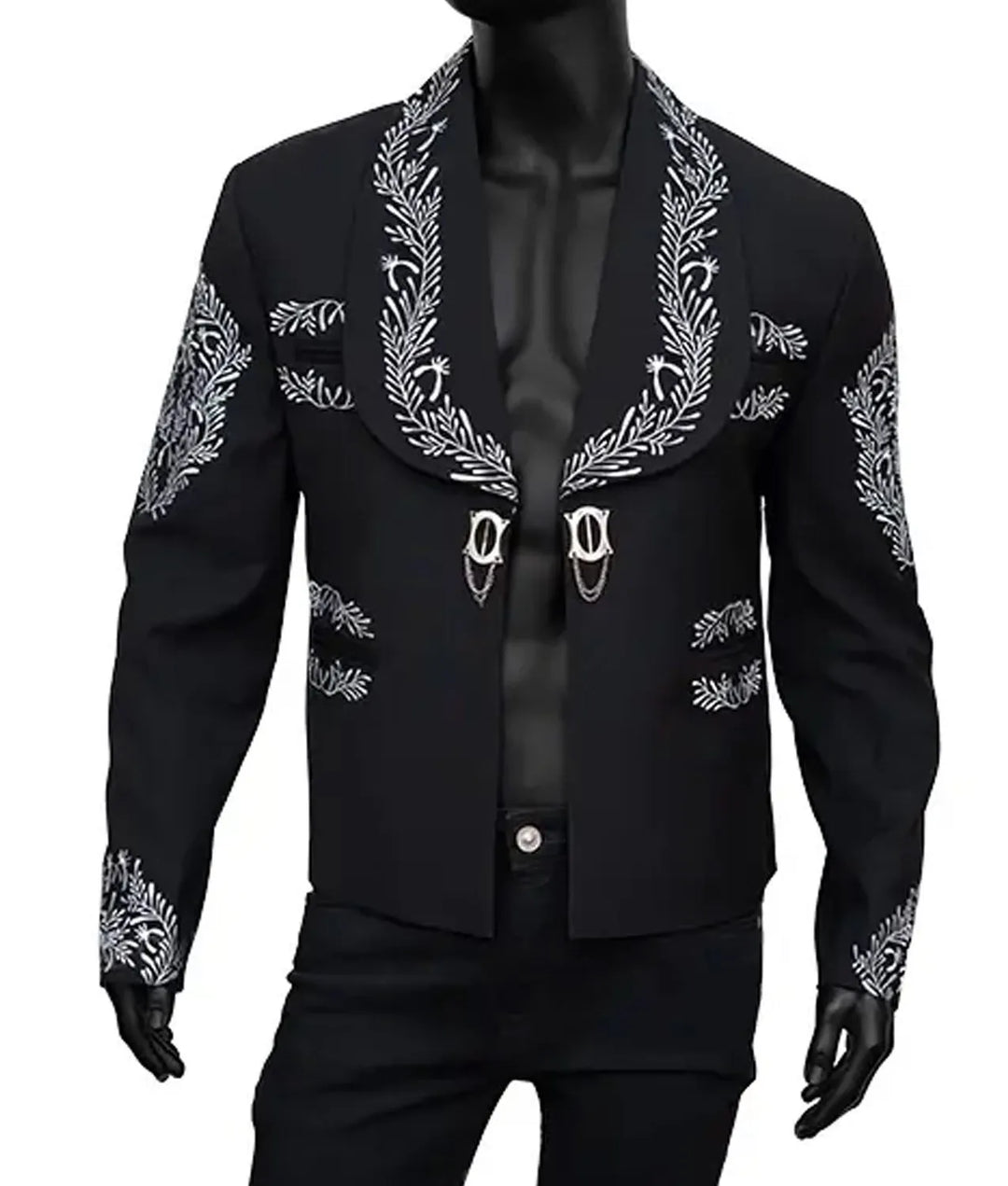 Black blazer with white embroidery on a mannequin against a white background