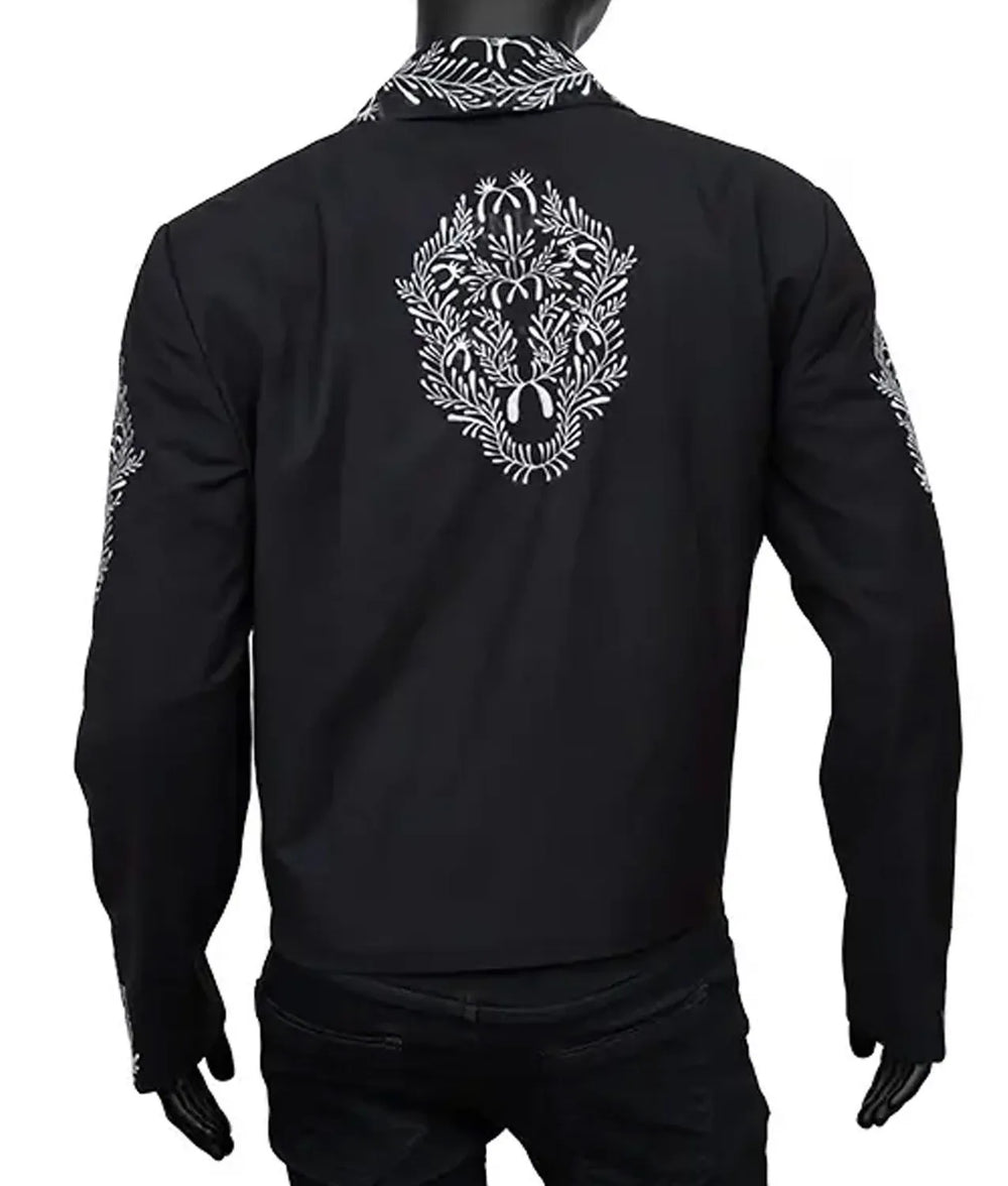 Black jacket with white floral patterns on a white background