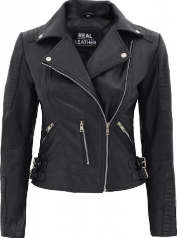 Black leather jacket with silver zippers on a white background