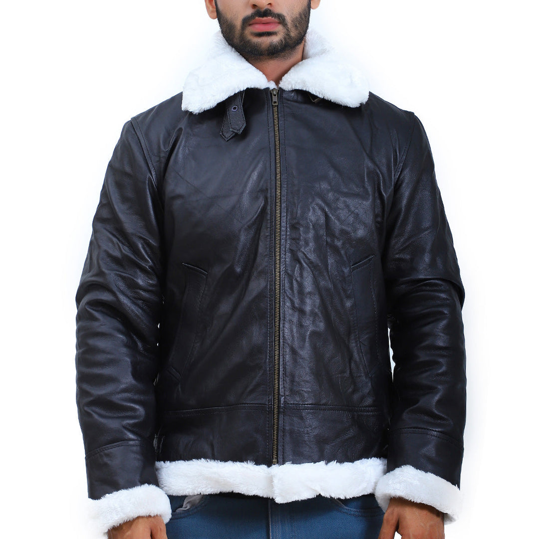 Black leather jacket with white fur trim worn by a person on a white background