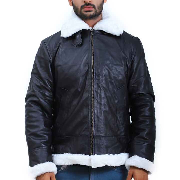 Black leather jacket with white fur trim worn by a person on a white background