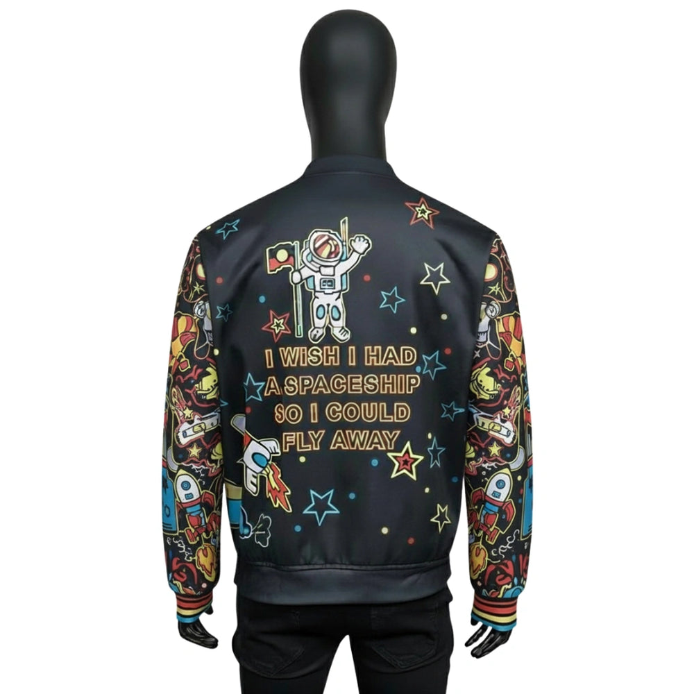 Black jacket with colorful astronaut graphics and text on a mannequin against a white background