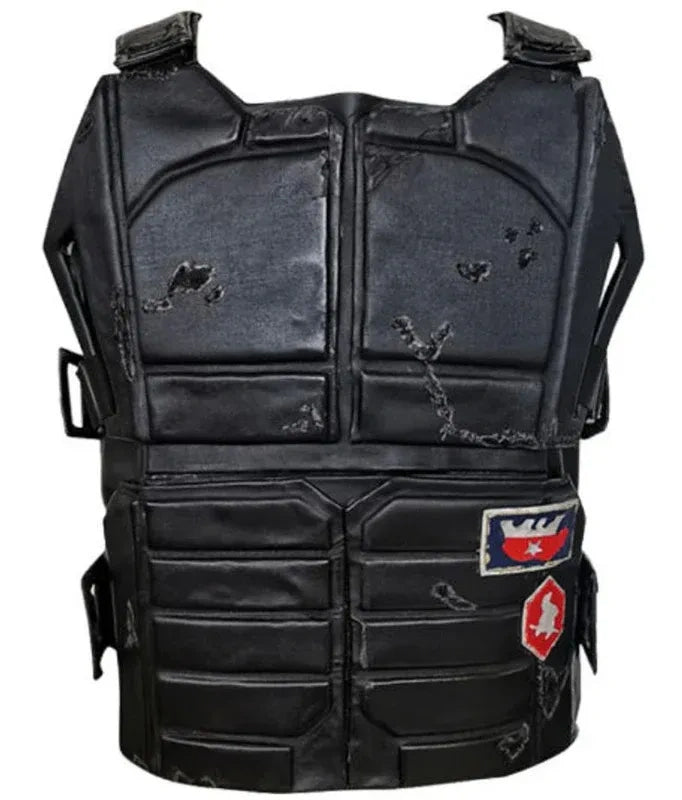 Black tactical vest with patches on a white background