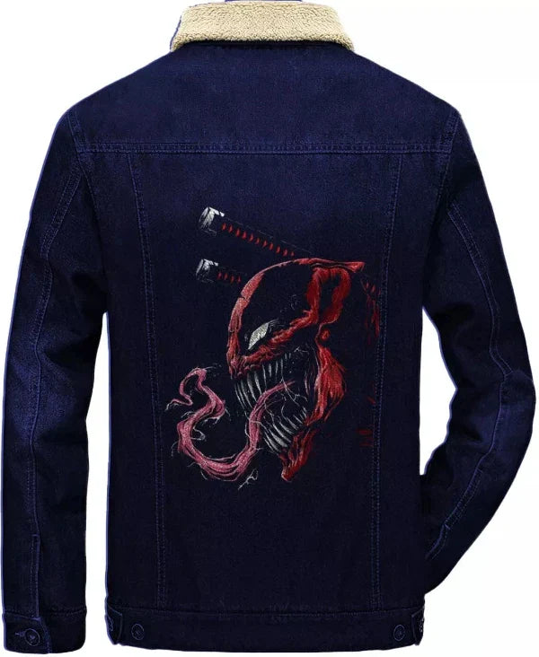 Blue Deadpool x Venom Denim Jacket With Fur Back View