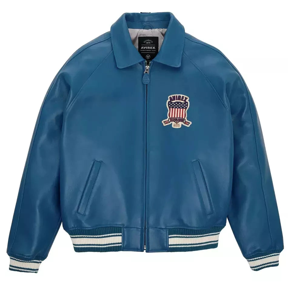 Blue jacket with a logo on the chest against a white background