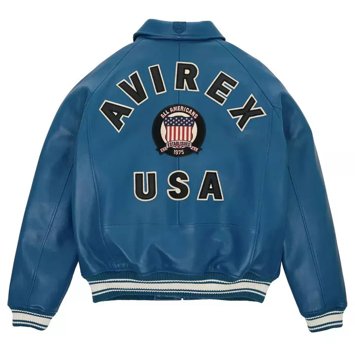 Blue leather jacket with 'Avirex USA' branding on a white background