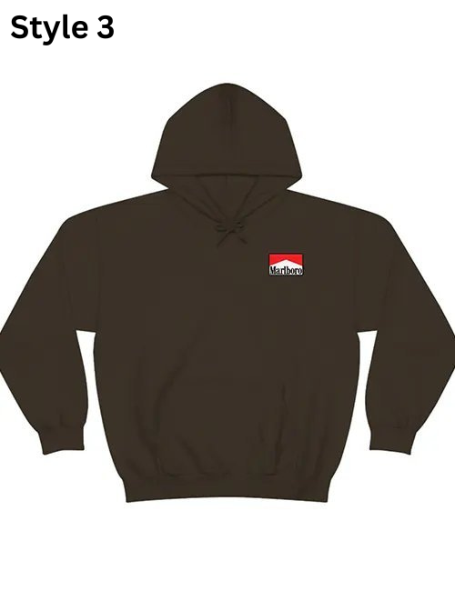 Brown hoodie with a red and white logo on a white background