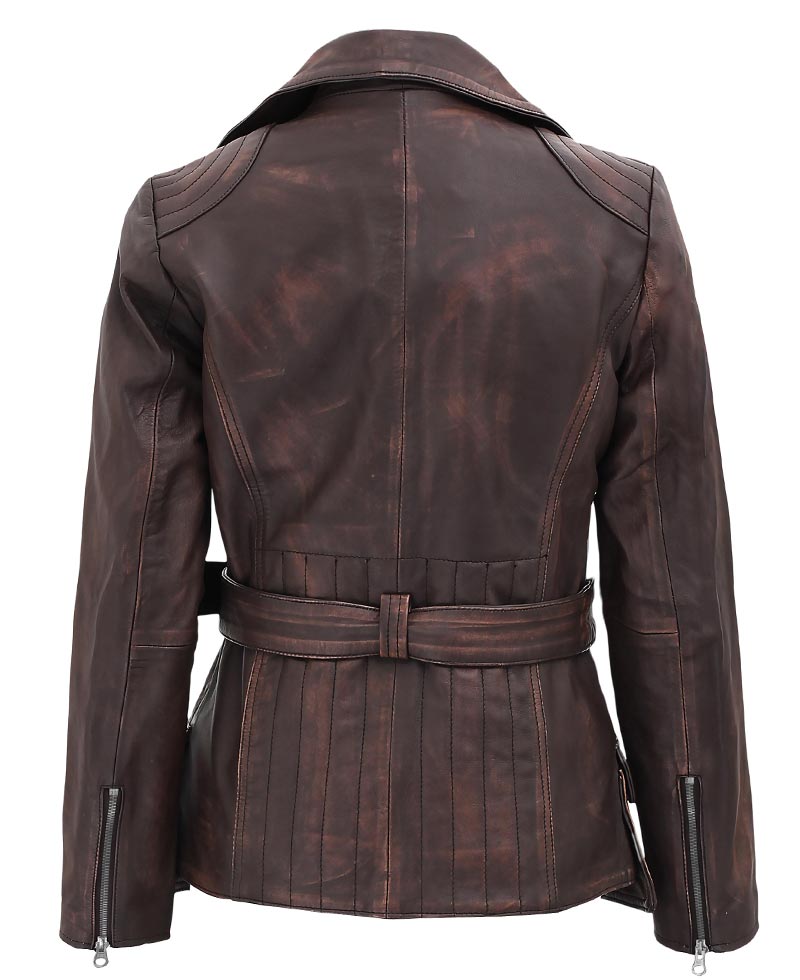 Brown leather jacket with a belt on a white background