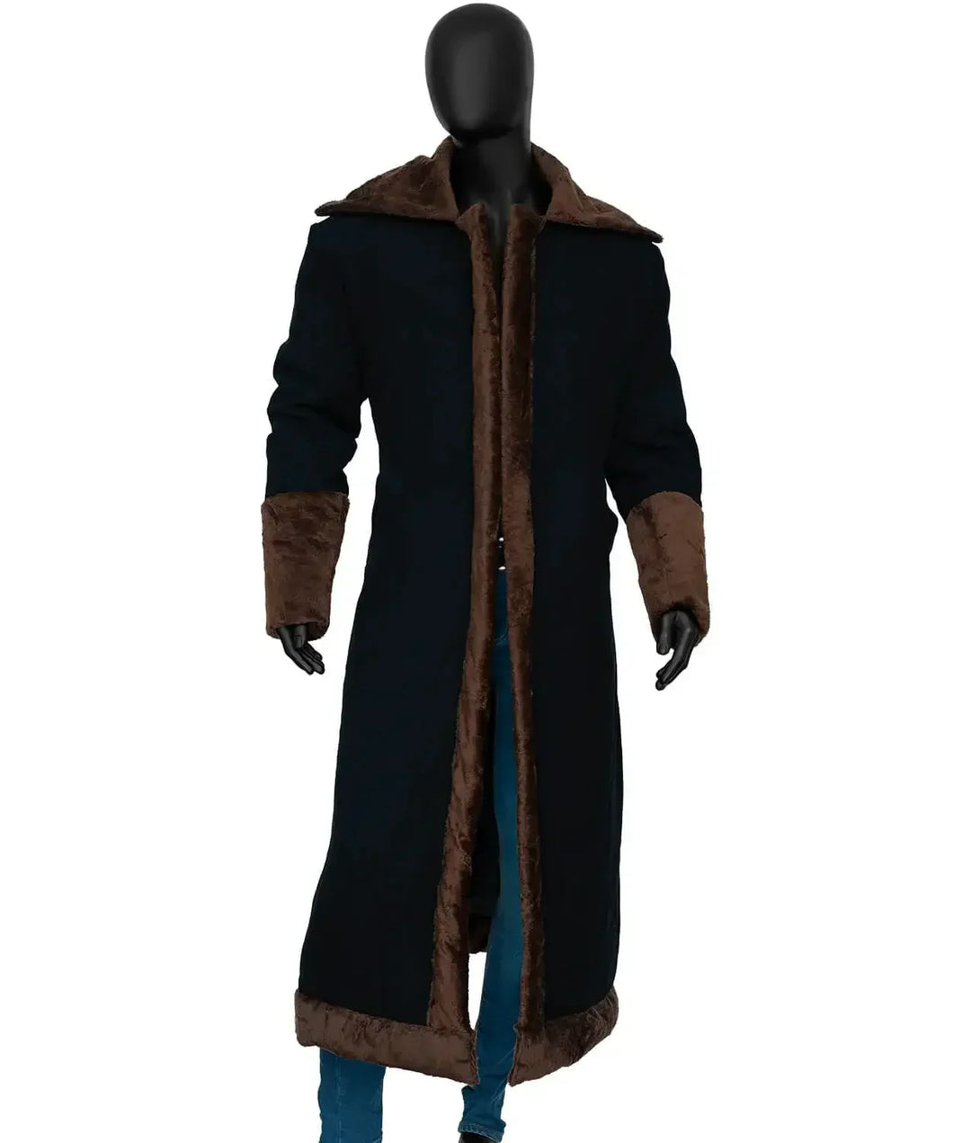 Long black coat with brown trim on a mannequin against a white background