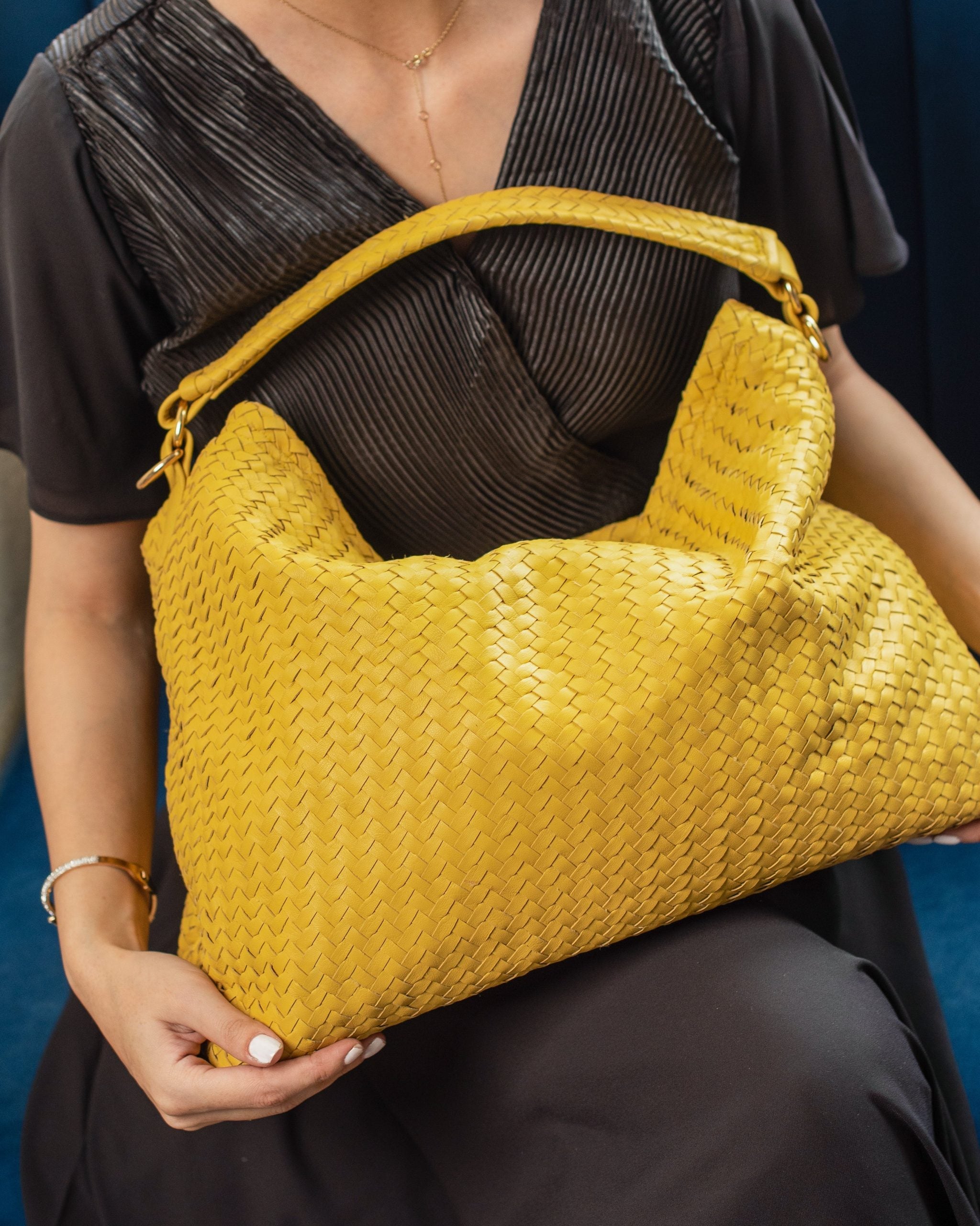 Handmade Woven Original Yellow Leather Bag - Image 3