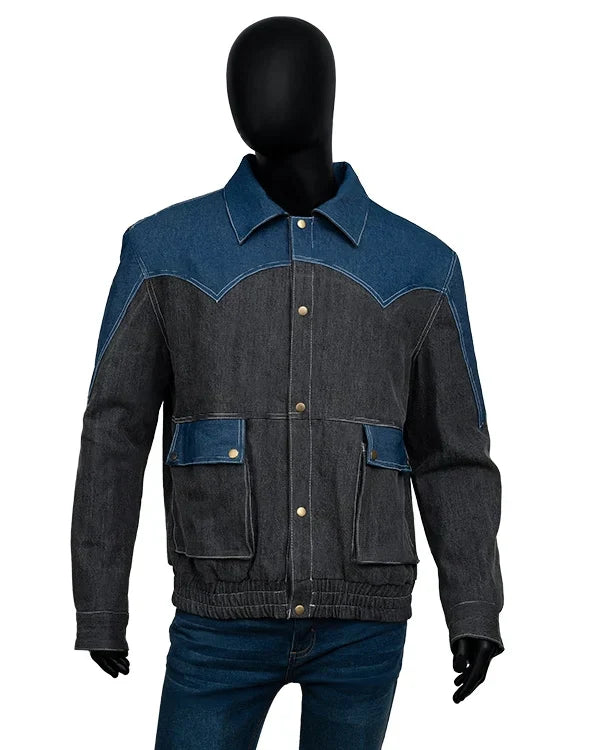Denim jacket with blue and black color scheme on a mannequin against a white background
