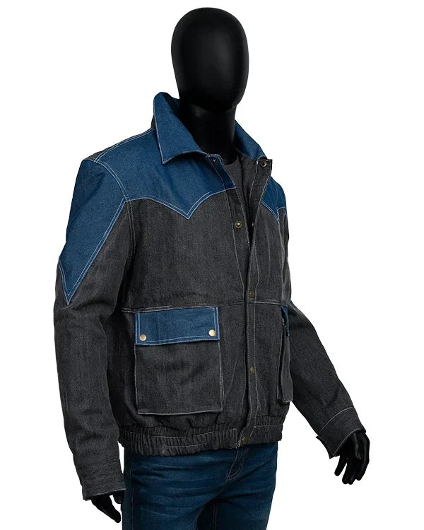 Denim jacket with blue accents on a mannequin against a white background