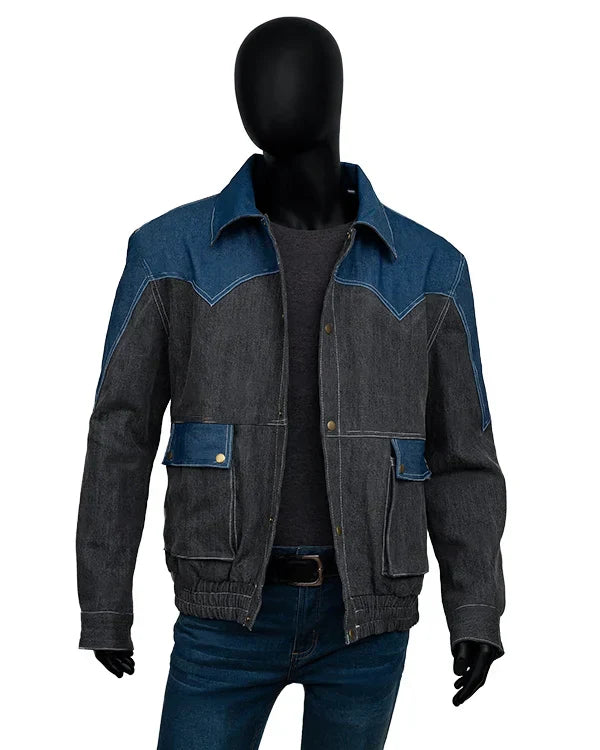 Denim jacket with blue and black color scheme on a mannequin against a white background