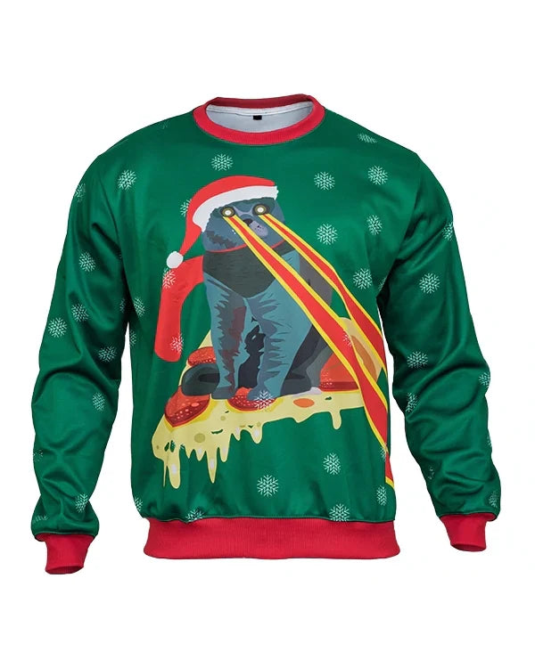 Green sweater with a festive design of a cat in a Santa hat on a pizza, surrounded by snowflakes.