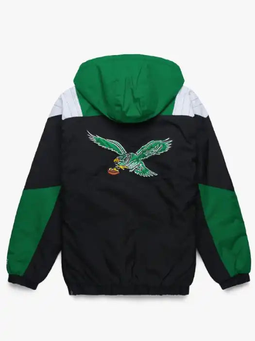 Green and black jacket with a logo on the back against a white background