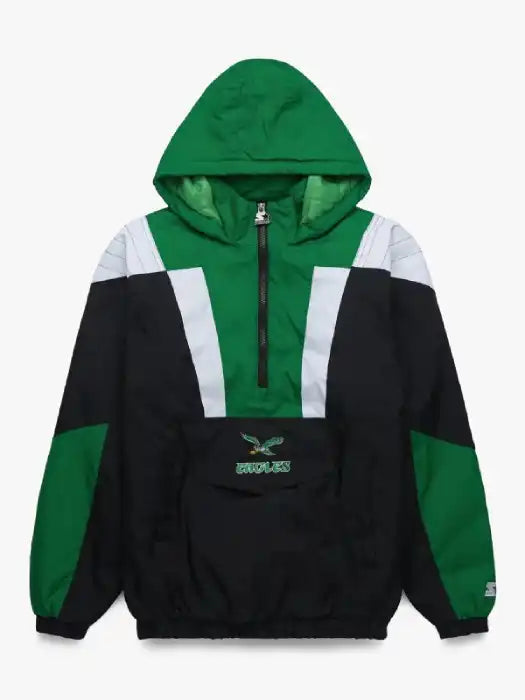 Green and black jacket with a logo on a white background