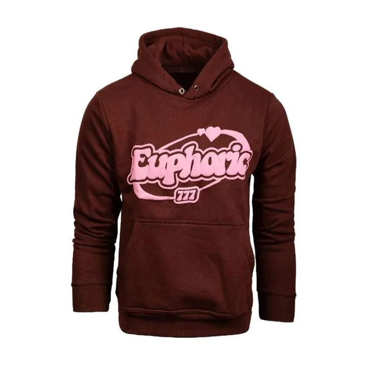 Maroon hoodie with pink 'Euphoric' text on a white background