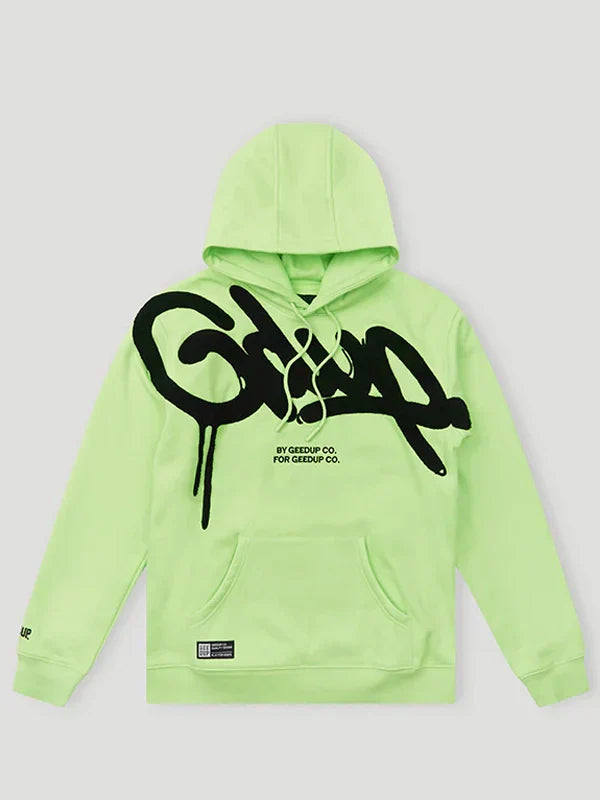 Neon green hoodie with black logo on a light gray background