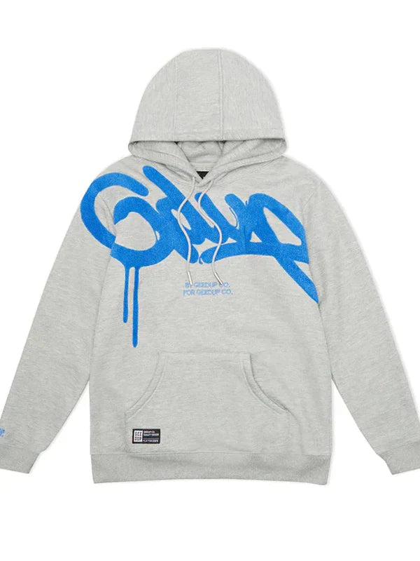 Gray hoodie with blue logo on a white background